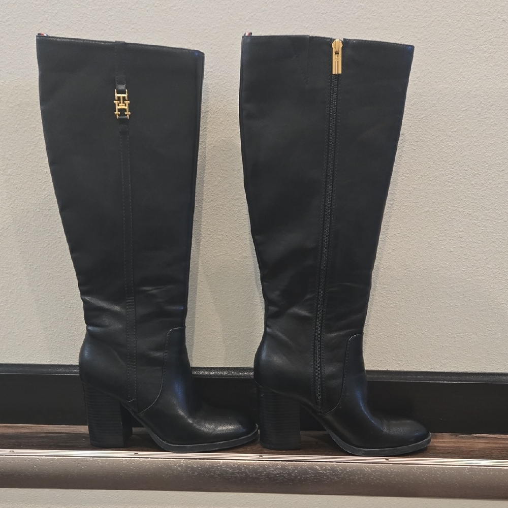 Women's Black Tommy Hilfiger Tall Block-Heel Boots with Gold Trim